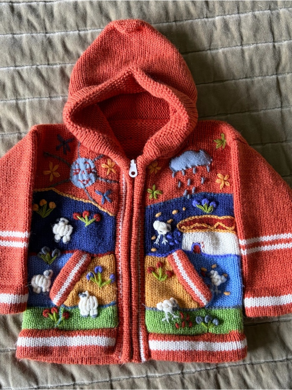 Handmade Peruvian Knit Sweater Kids 2T Embroidered Sun Animals Hooded Zip Up